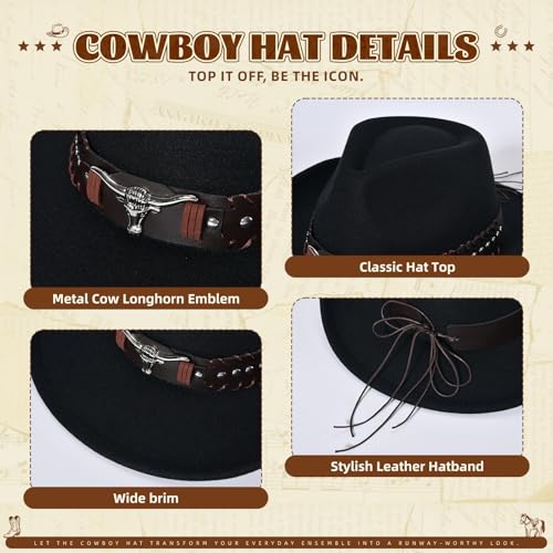 Image of Classic Western Cowboy Hat Cowgirl Hat Unisex Men's & Women's Wide Brim Felt Fedora Hat Flat Top with Buckle Belt