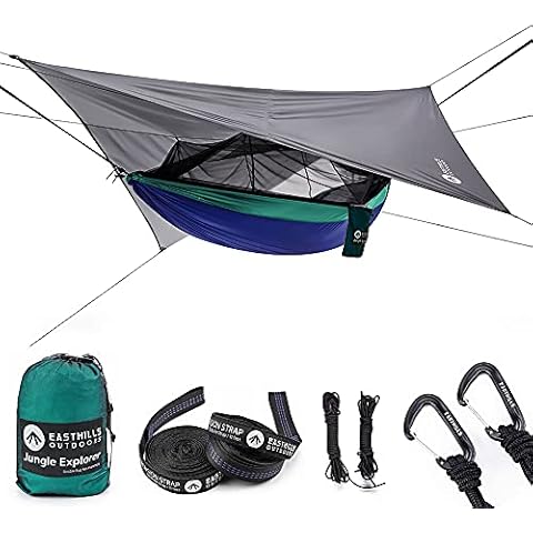 Easthills Outdoors Jungle Explorer Double Camping Hammock Ripstop Parachute Nylon with Removable Mosquito Bug Net and Waterproof Rainfly Navy Blue Cover