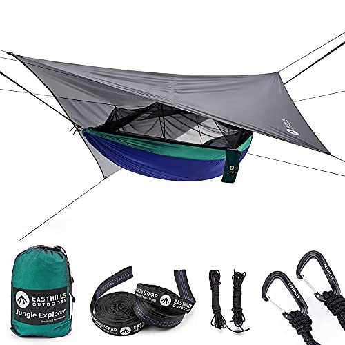 Easthills Outdoors Jungle Explorer 118″ x 79″ Double Camping Hammock Lightweight Ripstop Parachute Nylon 2 Person Hammocks with Removable Bug Net, Tree Straps and Tarp Navy Blue
