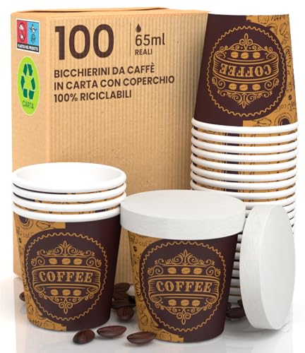 100 Bicchierini in Carta per Caffè 65ml ASPORTO PubCUP con COPERCHIO in Carta Bicchieri Ecologici Biodegradabili Monouso Piccoli Asporto Bevande Calde + 100 Coperchi