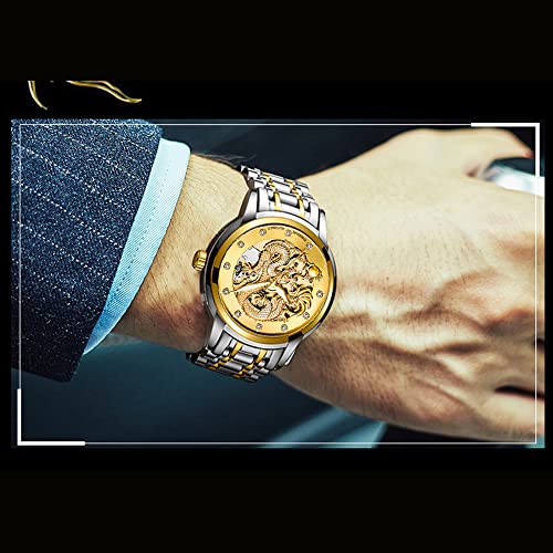Weicam Men's Luxury Mechanical Skeleton Automatic Stainless Steel Lumias Watch Dragon Carving Dial Diamond Business Watch Waterproof Wristwatch, Gold, Mechanical, gold, Mechanical