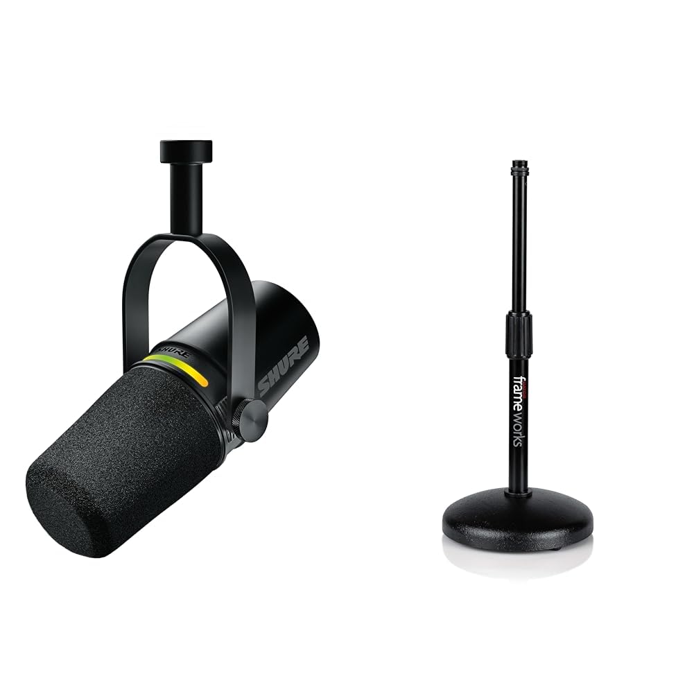 Shure MV7+ Podcast Microphone. Enhanced Audio, LED Touch Panel, USB-C & XLR Outputs, Auto Level Mode & Gator Frameworks Desktop Microphone Stand with Round Weighted Base & Adjustable Height