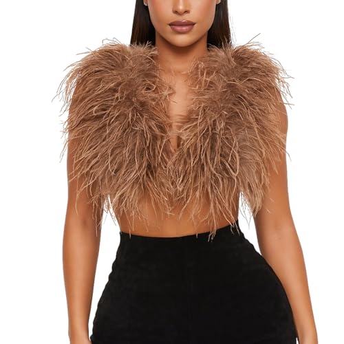 LVCOMEFF Women Natural Ostrich Fur Feather Halter Vest Fluffy Sleeveless Tie Backless Tank Top Shaggy Y2K