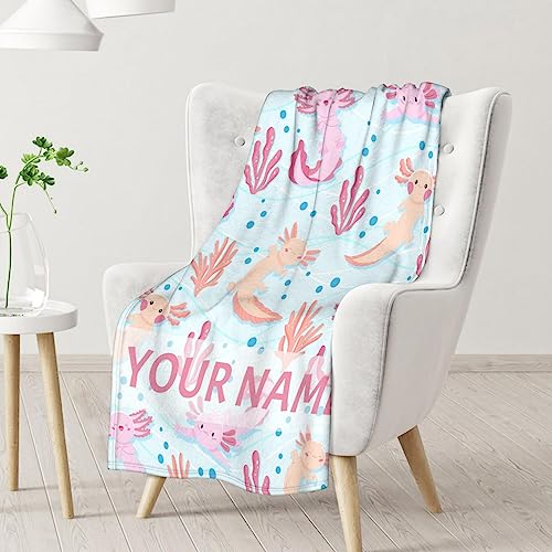 Girl Blanket - 60x80 Inches Personalized Cute Axolotl Throw - Light Blue Soft Fuzzy Blankets for Bed, Couch & Living Room