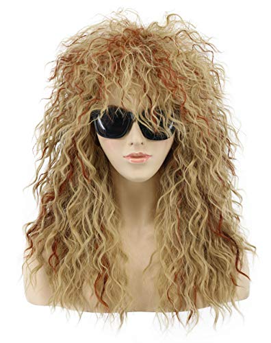 VGbeaty 70er 80er Jahre Vokuhila Perücke Damen Lang Lockig Blond Mix Rot Punk Rocker Perücke Kostüm Perücke