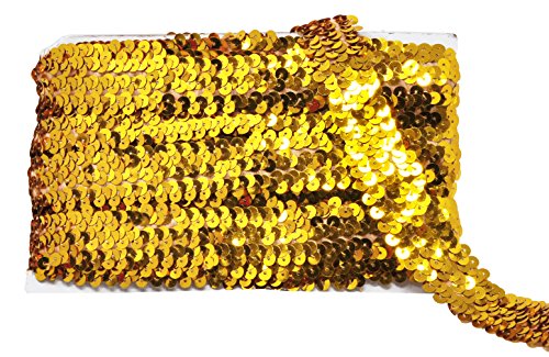 Mandala Crafts Gold Elastic Sequin Flat Glitter Stretch Bling Paillette Fabric Ribbon - 1 Inch 10 Yards Metallic Applique Sequin Elastic Trim Lace for Dress Embellish Headband