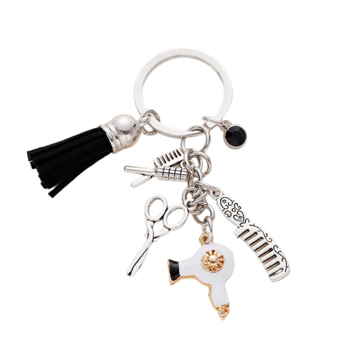 Fuqimanman2020 Comb Scissors Hair Dryer Keychain with Tassel and Black Diamond Charm Hairdresser Hair Stylist Gift Jewelry