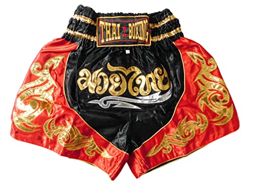 Schwarz Rot Muay Thai Shorts - Hochwertige Kampfsportbekleidung für maximale Performance Hose Short Boxing Thailand Kickboxen MMA Boxen Sport Training Gym (as3, Alpha, 3X_l, Regular, Regular)