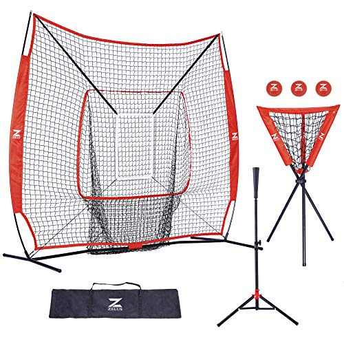 ZELUS 7x7ft Baseball and Softball Practice Net + Batting Tee + Ball Caddy + 3 Pack Weighted Ball + Strike Zone Bundle | Pitching Batting Training Equipment Set | Baseball Softball Coach Pack