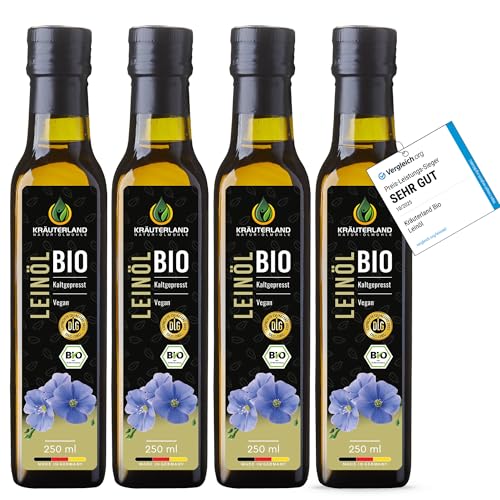 Kräuterland Bio Leinöl 4X250ml (1L), Bio Leinsamen, kaltgepresst, mild & nussig, reich an Lignane und Omega 3-6-9 Fettsäuren, naturrein ohne Zusatzstoffe, glasflasche, mühlenfrisch