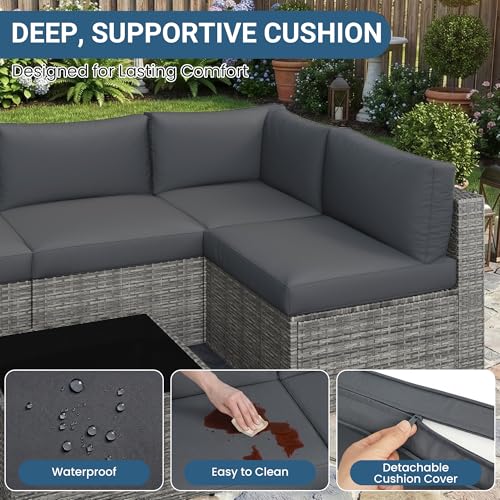 Image of Wisteria Lane 7 Pieces Outdoor Patio Furniture Set, Wicker Outdoor Patio Sectional Sofas with Coffee Table, All-Weather Patio Conversation Set for Garden Backyard, Grey