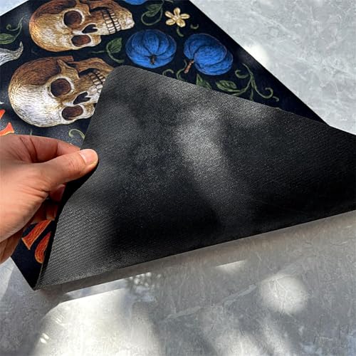 超薄型3mmハロウィンナイトドアマット - 59.9cmx40.1cm スカル&パンプキン装飾 ノンスリップラグ、フェルトトップラバーバック 玄関用 [3]