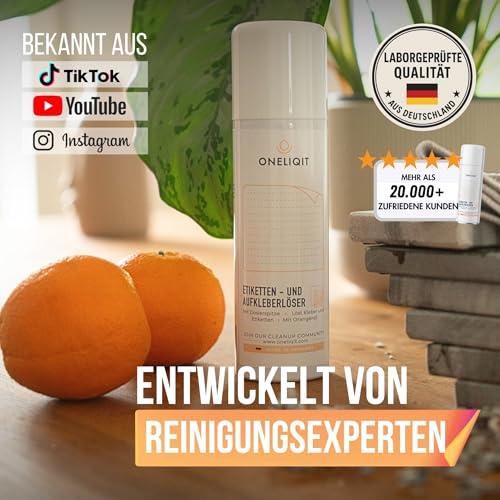 ONELIQIT® Etikettenentferner, Etikettenlöser, Klebereste Entferner mit Orangenöl 2 x 200ml für das einfache Entfernen von Etiketten, Aufklebern, Vignetten & Klebstoffen