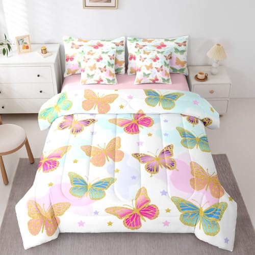 Image of Flying Butterflies 7 Pieces Bedding Set King,Colorful Garden Wildlife Bed in a Bag,Cartoon Stars Bed Set Includes Comforter,Sheet Set,Pillowcases & Pillow Covers,Vintage Romantic Style Bedroom Decor