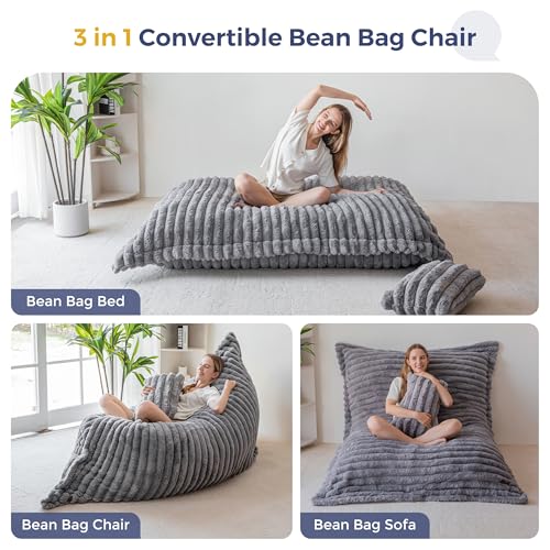 Image of MAXYOYO Giant Bean Bag Chair with Pillow, 3 in 1 Convertible Bean Bag Chair for Adults with Washable Cover, Floor Cushion Stuffed Floor Lounger for Living Room Bedroom, Grey, Full