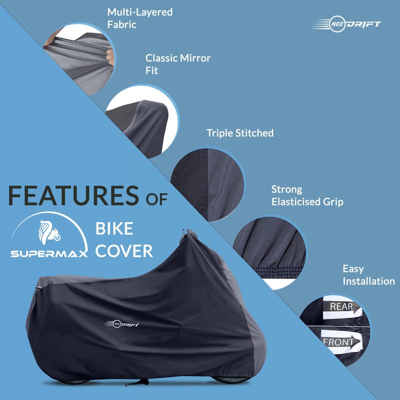 Image of Neodrift 'SuperMax' Bike Cover Suitable for Harley Davidson Roadster (All-Weather Motorcycle Protection, Water & UV Resistant, Windproof) (Colour: Dark Grey - Black)