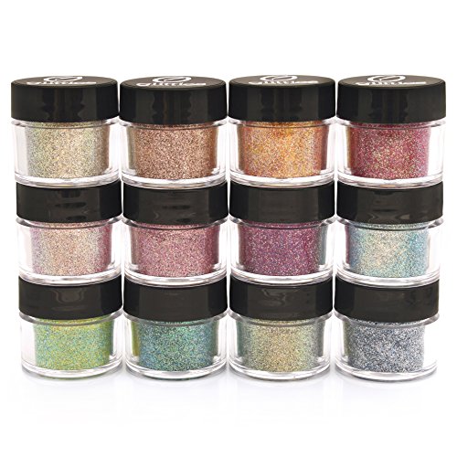 GLITTIES - (12PK) Iridescent Mixed Cosmetic Grade Glitter Kit - Ultra Fine Loose Glitter for Body Shimmer, Face, Makeup, Lips, Body Tattoos, & Nail Art - (10 Gram Jars)