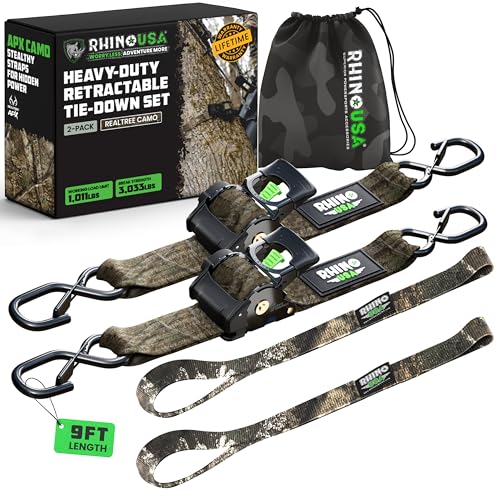 Image of Rhino USA x Realtree Retractable Ratchet Straps (2PK) 2 inchx 9' (1,209lb Break Strength)- Heavy Duty Auto Self Retracting Tie Down Straps for Truck, Cargo Trailer, Motorcycle, ATV, UTV- Realtree APX Camo