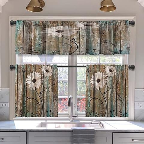 MCALK Floral Blackout Kitchen Curtains Tiers and Valances Set 3 Piece for Windows Butterfly Kitchen Window Curtains Set,Farmhouse Wooden Texture Valances for Living Room(36" Tiers Set) Cover