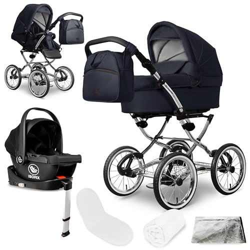 Bergsteiger Venedig Nostalgie Kombikinderwagen 4-in-1 – Babywanne, Sportsitz, i-Size Babyschale & Isofix-Station, Luftreifen, höhenverstellbar, faltbar, Zubehör