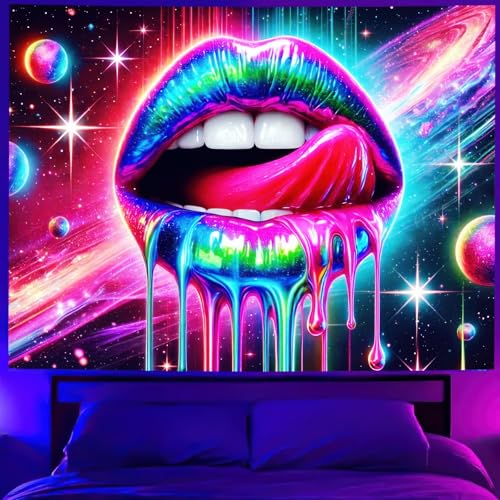 Image of BlissYard Blacklight Tapestry Neon Glow Posters 78x59 Inches Cosmic Rainbow Lips Wall Hanging, Fluorescent Art Decoration for Bedroom, Living Room, Parties