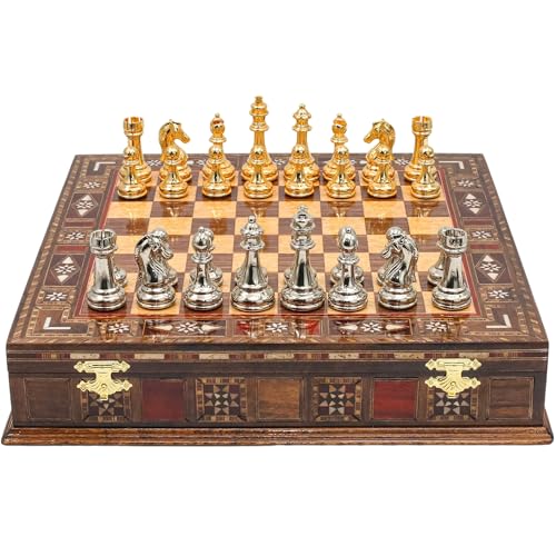 Jeu d'échecs en bois massif 30 cm échiquier de voyage avec pièces en métal et rangement