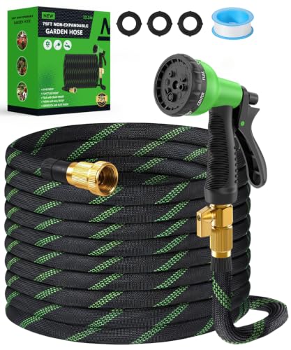 BIGITTA 75ft Garden Hose, Non-Expandable Water Hose with 8 Function Spray Nozzle, Lightweight, Knik-Free, Burst-Resistant, Durable & Flexible 3/4" Garden Hose for Lawn, House Cleaning, Car Washing