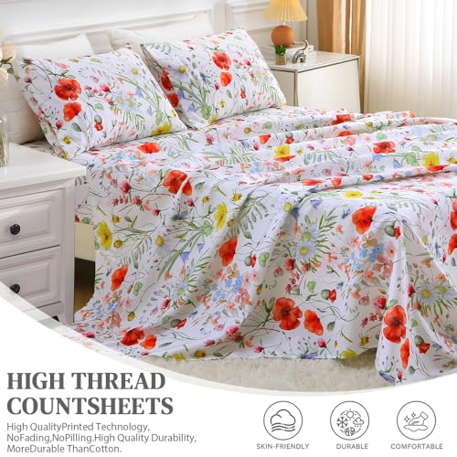 Image of MUXHOMO King Size 4 Piece Sheet Set, Soft & Breathable Sheet Set for Bedroom with Deep Pocket Up to 16 inch, Wrinkle-Free & Cooling Bed Sheets with Flat Sheet, Fitted Sheet & Pillowcases - Spring Flower