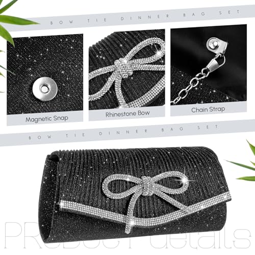 Image of Cutecrop 3 Pcs Fashion Women Bow Evening Clutch Jewelry Set, Black Bag Purse Wedding Rhinestone Necklace Earrings for Prom Party