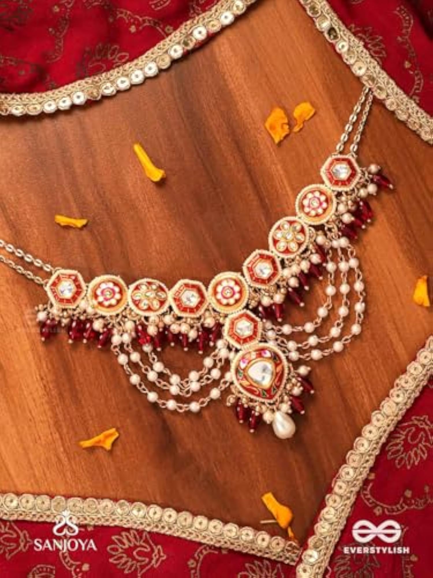 Women's Handcrafted Kundan Flame Necklace with Red and Golden Details