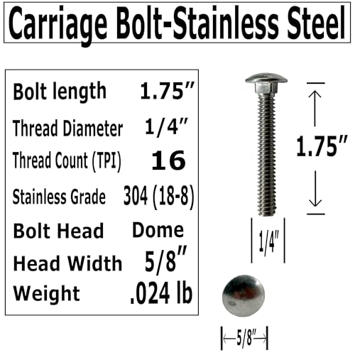 Image of (25) 1 /4-20 x 1.75 inch- 304 (18-8) Grade Stainless Steel Carriage Bolts Screws Dome Head Nuts & Washers Included for Trailer Deck Floors headboards-Rust Resistant by BRAUNY BOY- Qty (25)