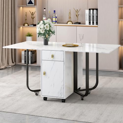 Merax Folding Dining Table with Cupboard and 2 Drawers, Space-Saving Kitchen Table with Marble MDF Top and Gold Accents, Adjustable Legs on Gliders, White/Black — image 1