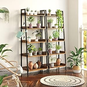Rolanstar Bookshelf 5 Tier Ladder Bookshelf with 3 Hooks Industrial Bookcases Freestanding Display Plant Shelves with Metal Frame for Living Room Rustic Brown