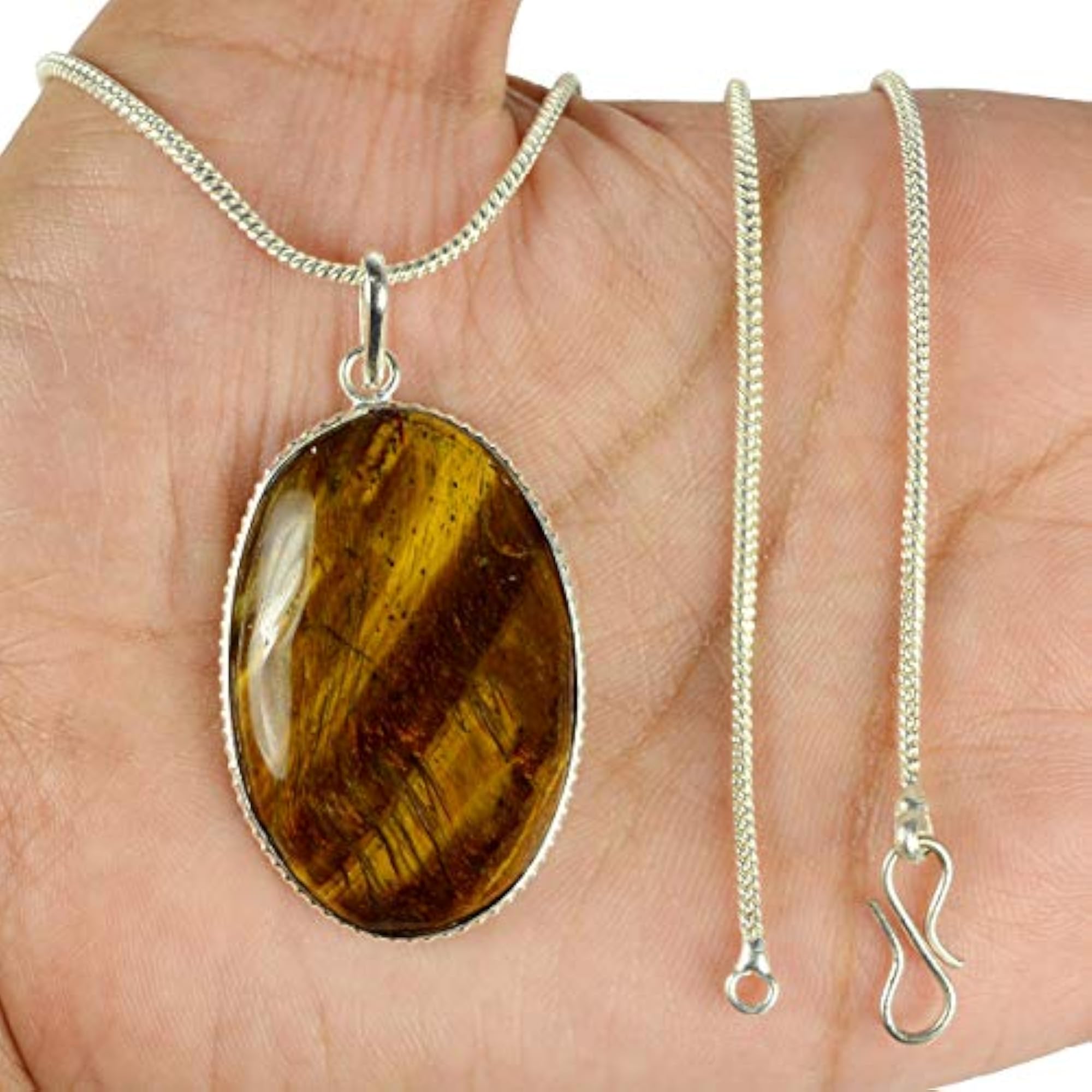 Tiger Eye Oval Shape Healing Stone Pendant with Chain