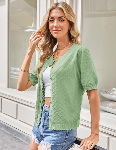 GRACE KARIN Women's Puff Short Sleeve Cardigan Tops 2025 Summer Lightweight Crew Neck Button Down Knit Sweater Blouses4