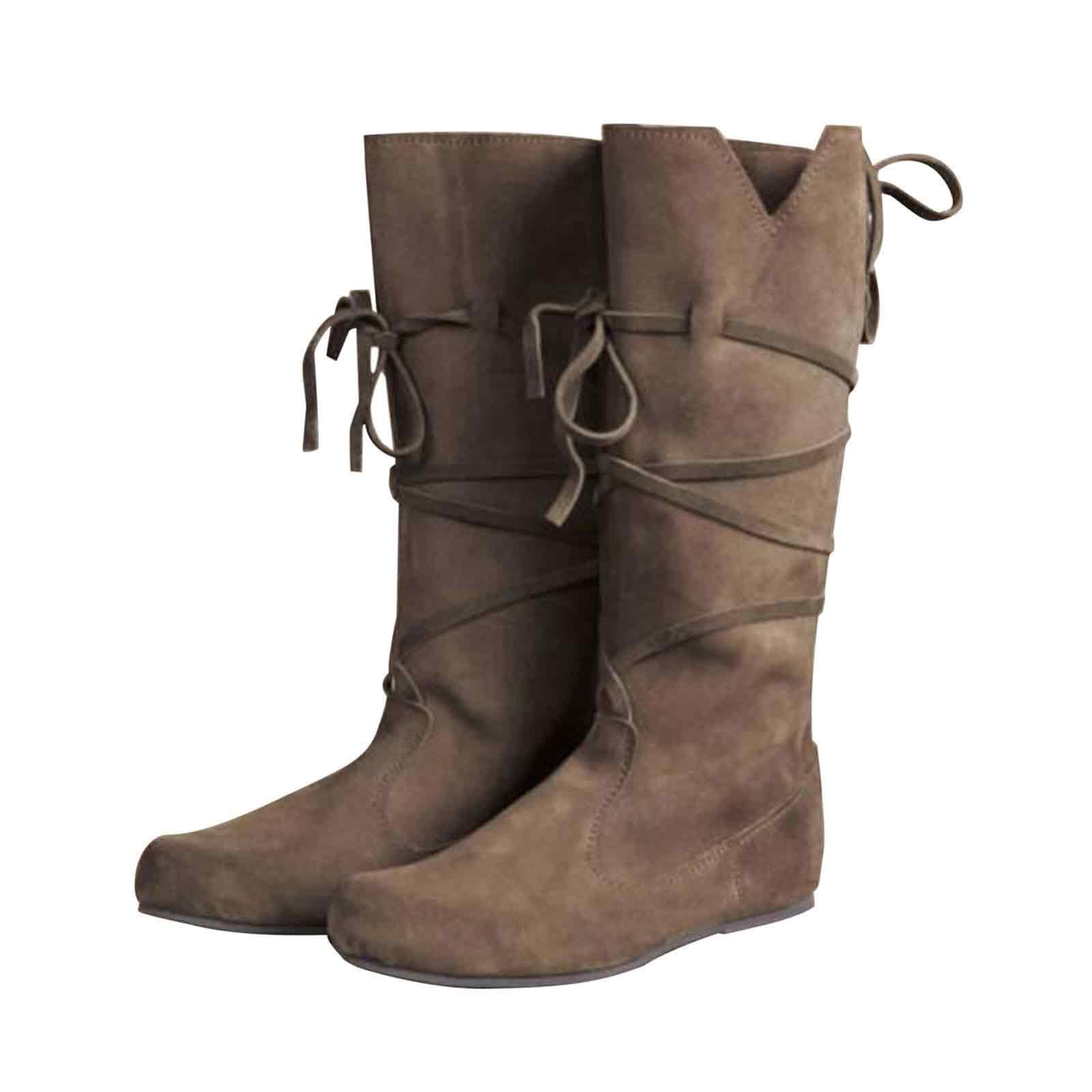 Botines medievales de ante para hombre y mujer, hasta la rodilla, planas