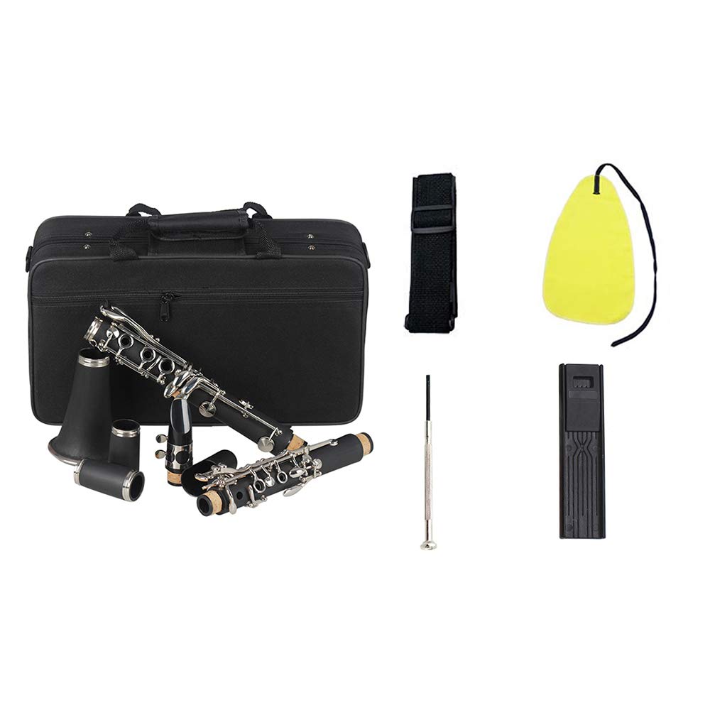 Fyearfly Bb Flat Clarinete Baquelita Llaves de Plata Instrumento de Viento de Madera con funda, lengüeta, paño de limpieza, mini destornillador, calidad asequible para los entusiastas de la música