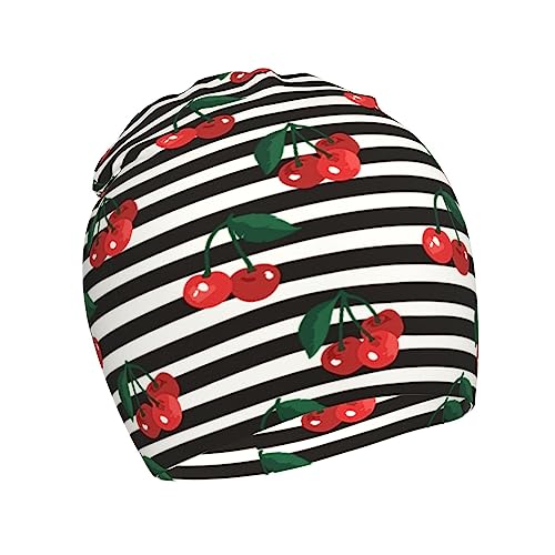 Rqzwdq Stripe Cherry Pattern Kids Beanie Hats Warm Knit Beanie Cap Skull Caps Gifts Decor for Boys Girls