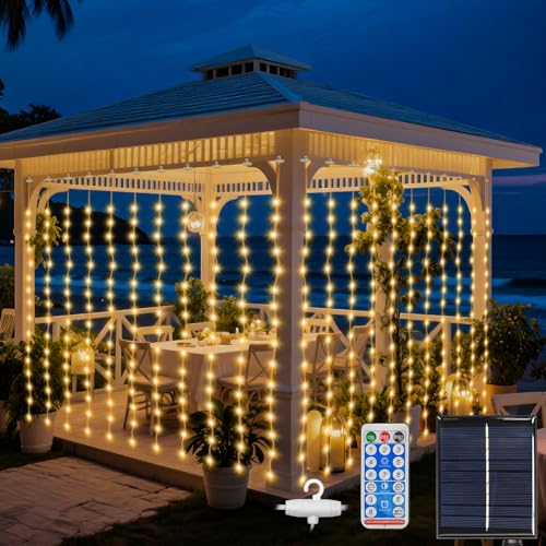 Cveenk Solar Lichtervorhang Aussen 3x3 m, 8 Modi 300LED Lichterkette vorhang Warmweiß, Wasserdicht Solar Wasserfall Lichter für Außen Pavillon...