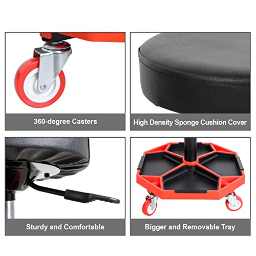 Image of Big RED ATRXF8308R Torin Heavy Duty Pneumatic Garage Rolling Stool /Creeper Seat with Removable Plastic Tray, 300 lb Capacity, Black /Red