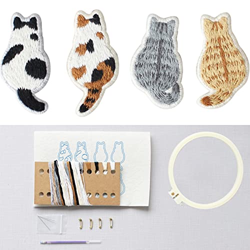 4pcs Cat Brooches Embroidery Kit, Hand Embroidery Kit for Beginners, Embroidery Kits for Adults, Embroidery Starter Kit with Embroidery Patterns, Embroidery Hoop