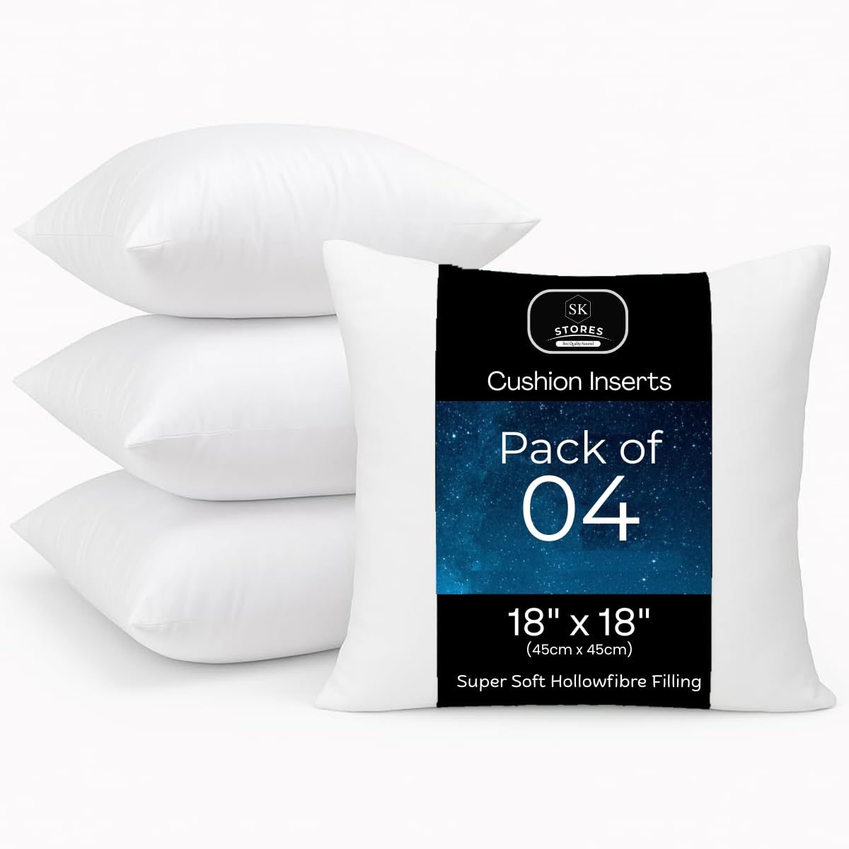 SK Stores Pack of 4 Hollowfibre Cushion pads 45cm x 45cm - White square Cushions - Standard pack of Hypoallergenic Cushion inserts 45cm x 45cm (Pack of 4 | 18"x18")