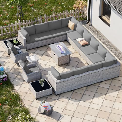 Image of 18-Piece Patio Furniture Set, Outdoor Patio Furniture with 55,000 BTU Fire Pit Table, Swivel Chairs Set, Thick Cushions, Modular Patio Sofa, Dual-Strand Wicker Rattan, Rust-Resistant Frame,Grey