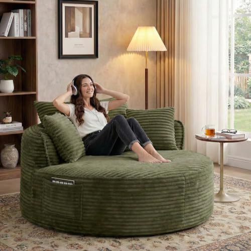 GUANGHONG 54-inch Oversized Round Chaise Longue Chair Indoor Modern Upholstered Corduroy Deep Seat Circle Accent Chair Single Cloud Lounge Floor Sofa Chair for Living Room (Green 54 Round)