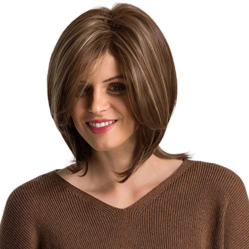 ZealBoom 14" Women's Short Brown Wig Natural Looking Wigs Heat Resistant Synthetic Full Wigs for Daily Use + Wig Cap(Mixed Brown)