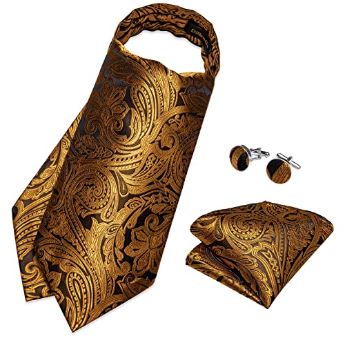 Image of DiBanGu Mens Silk Ascot Ties Paisley Jacquard Woven Cravat and Pocket Square Cufflinks with Lapel Pin for Business Wedding