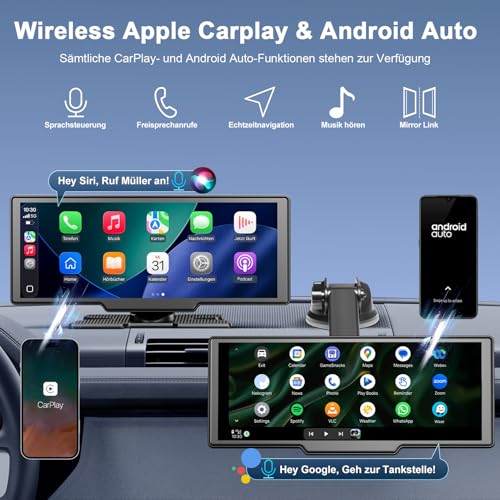 Carplay Display für Apple Car Play Android Auto, 10,26 Zoll Tragbares Wireless CarPlay mit 1080P Rückfahrkamera, GPS Navigation, Bluetooth 5.2 Sprachsteuerung Mirror Link AUX FM, unterstützt TF Karte