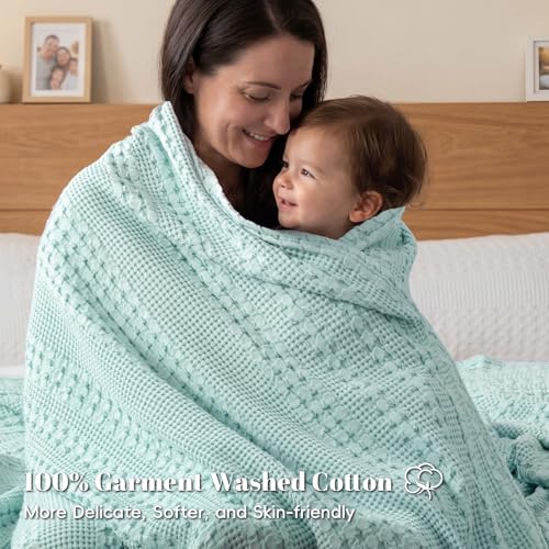 Image of PHF 100% Cotton Waffle Blanket King Size for Bed, Lightweight Breathable and Soft for Summer, Luxury Aesthetic Waffle Weave Blanket for Home Decor & Gifts for Women, 108 inchx90 inch, Mint