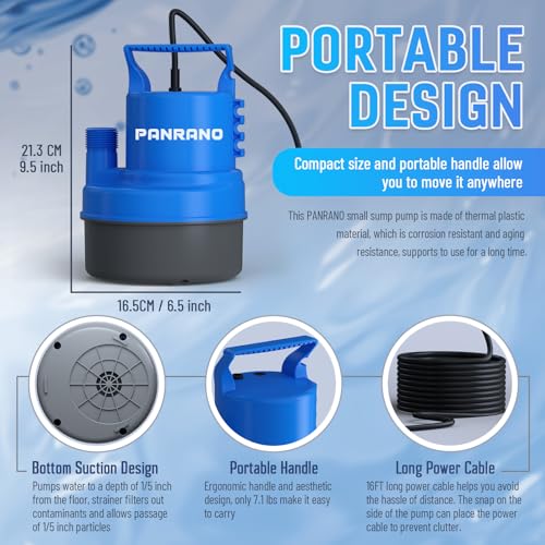 Image of 1 /3 HP Submersible Water Pump 2000 GPH Portable Small Sump Pump For Pool Cover, Basements, Puddles, Gardens Ponds With 16.4 Ft Power Cord and Hose Adapters, Sky Blue