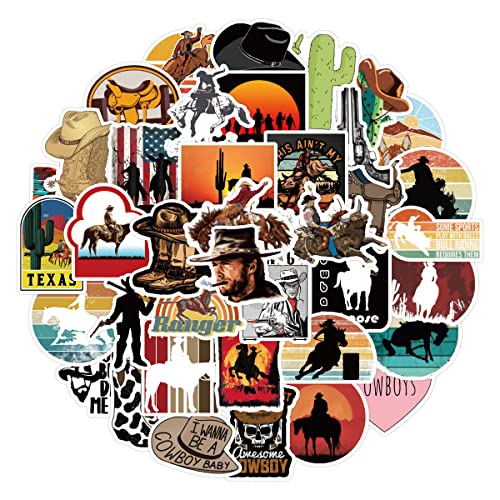 50 autocolantes de cowboy ocidental, autocolantes personalizados com desenhos animados, oeste selvagem, cowboy e motivos vintage. Adequado para computador portátil, telefone, guitarra, skate,